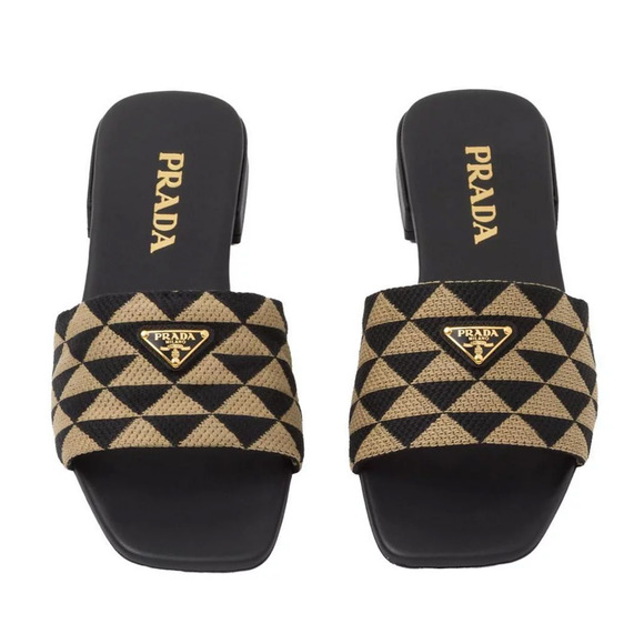 Prada Jacquard Triangle Logo Black Beige Tan Leather Slide Sandal Flat Mule 37.5 - Picture 14 of 16